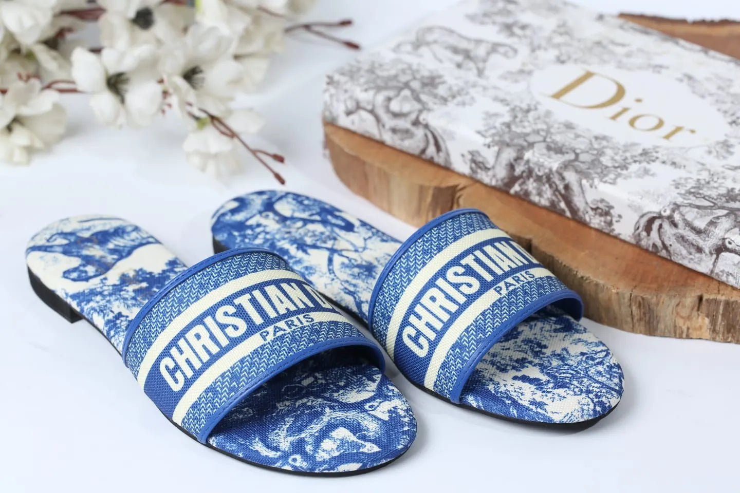 COMBO DEAL - DIOR SLIDES WITH DIOR BOOK TOTE BAG - JUNGLE BLUE