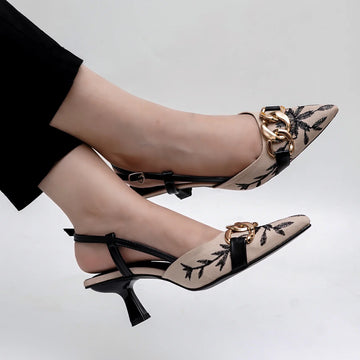Floral Embroidered Chain Slingback (Black)