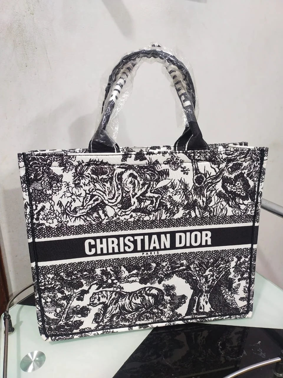 COMBO DEAL - DIOR SLIDES WITH DIOR BOOK TOTE BAG - JUNGLE WHITE