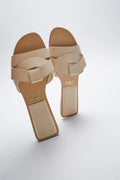 FLAT CRISS-CROSS LEATHER SLIDER SANDALS - BEIGE