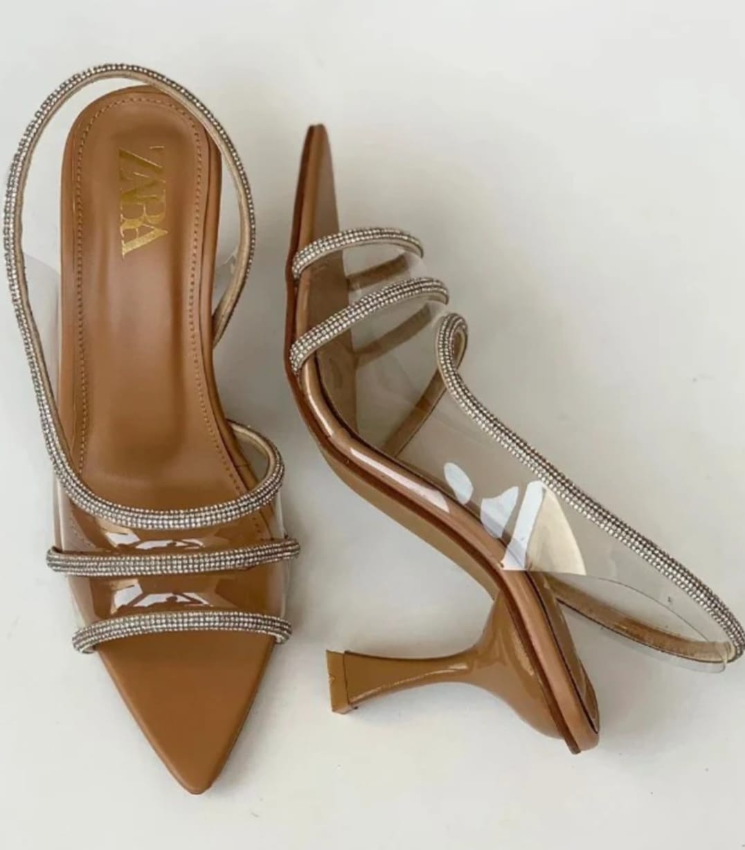 ZARA VINYL EMBELLISHED Diamante Heels - BEIGE