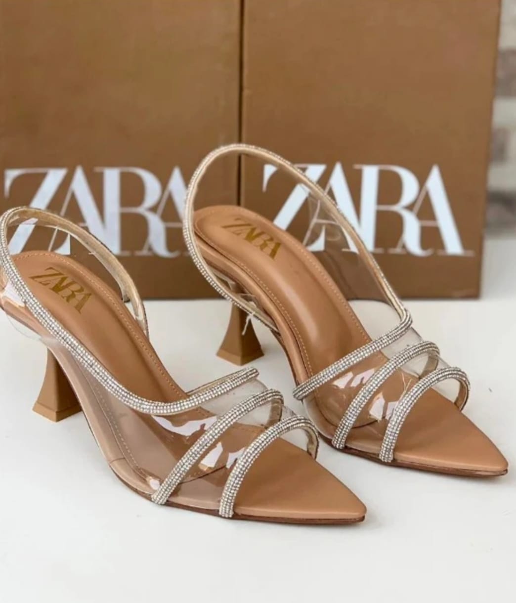 ZARA VINYL EMBELLISHED Diamante Heels - BEIGE