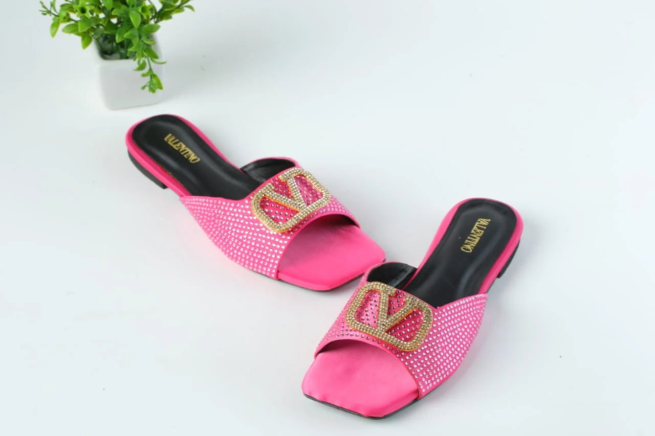 VLOGO RHINESTONE BUCKLE FLAT SANDALS - PINK