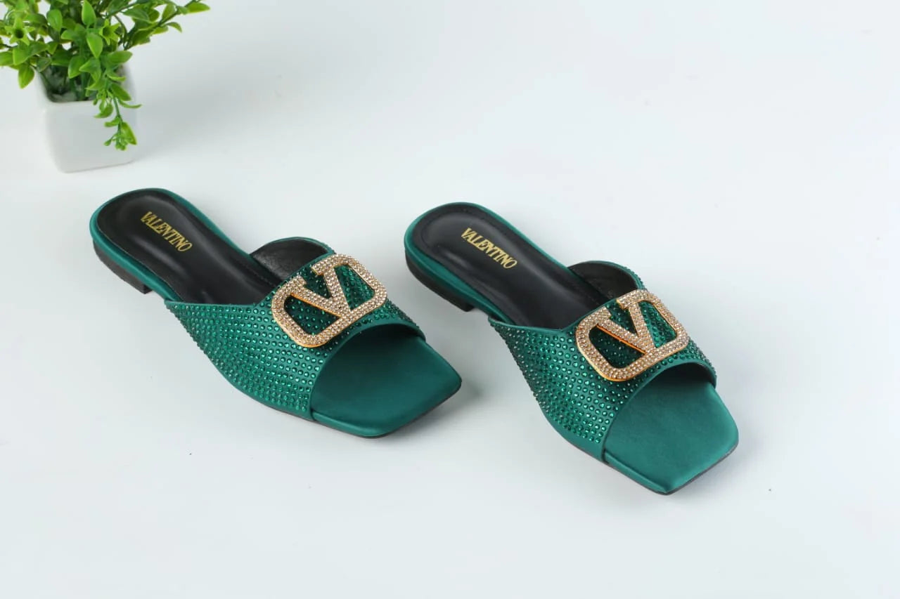 VLOGO RHINESTONE BUCKLE FLAT SANDALS - GREEN