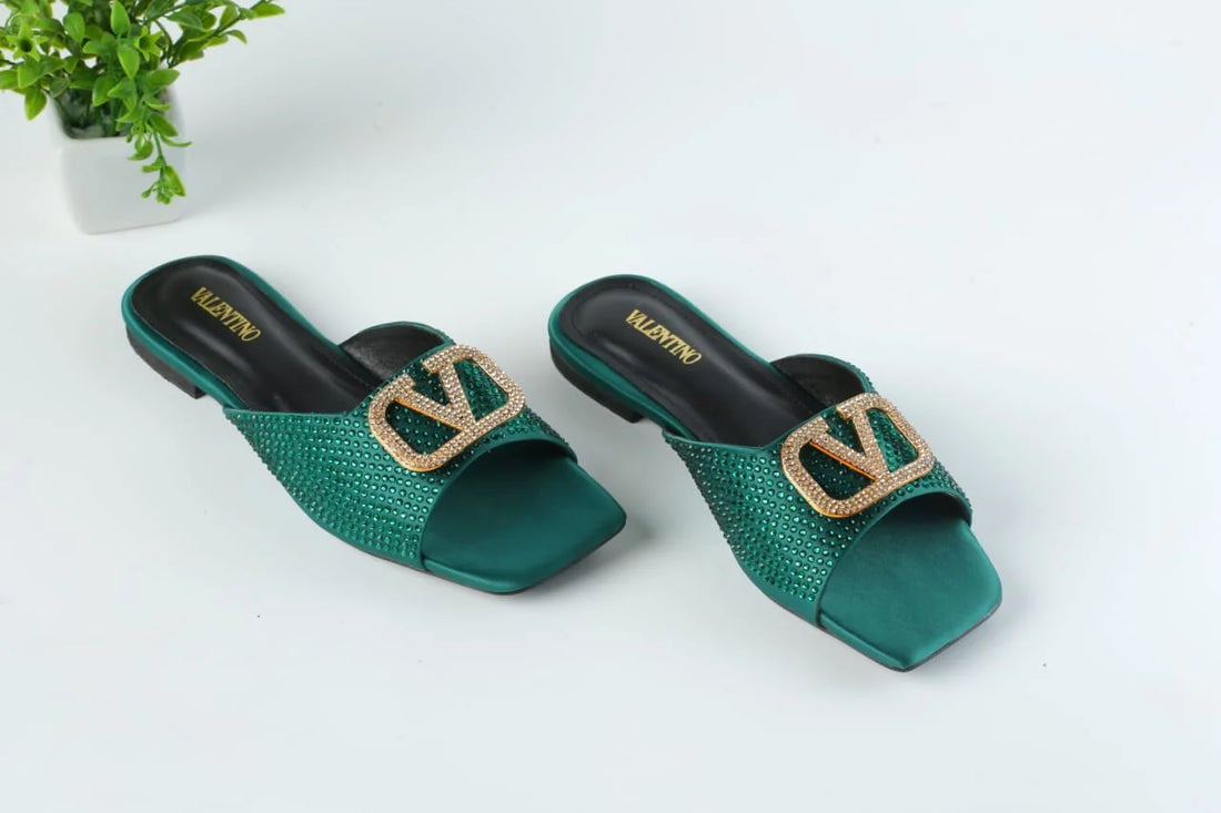 VLOGO RHINESTONE BUCKLE FLAT SANDALS - GREEN