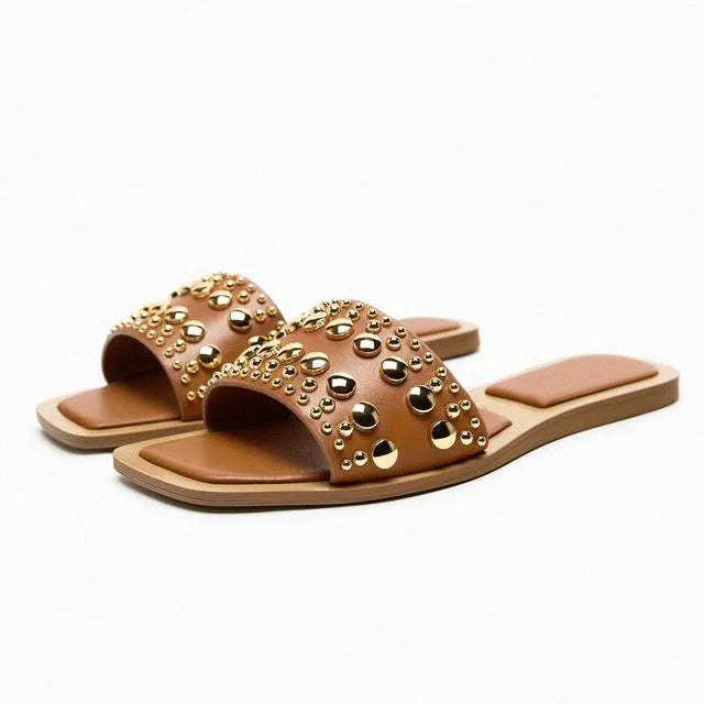 VINYL SLIDER SANDALS WITH STUDS - BROWN