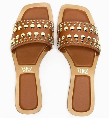 VINYL SLIDER SANDALS WITH STUDS - BROWN