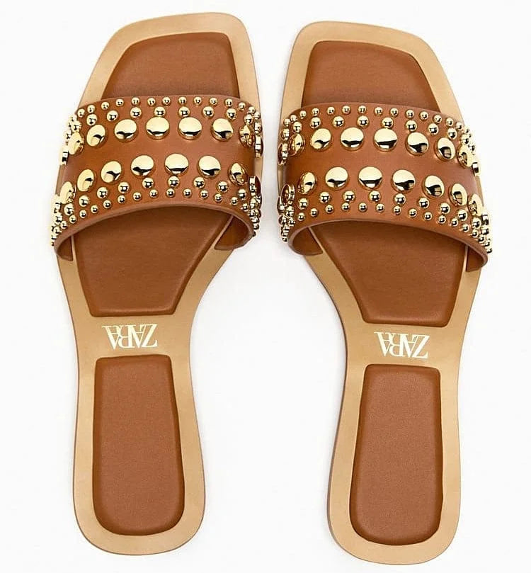 VINYL SLIDER SANDALS WITH STUDS - BROWN