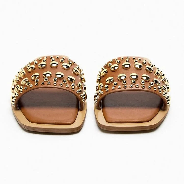 VINYL SLIDER SANDALS WITH STUDS - BROWN