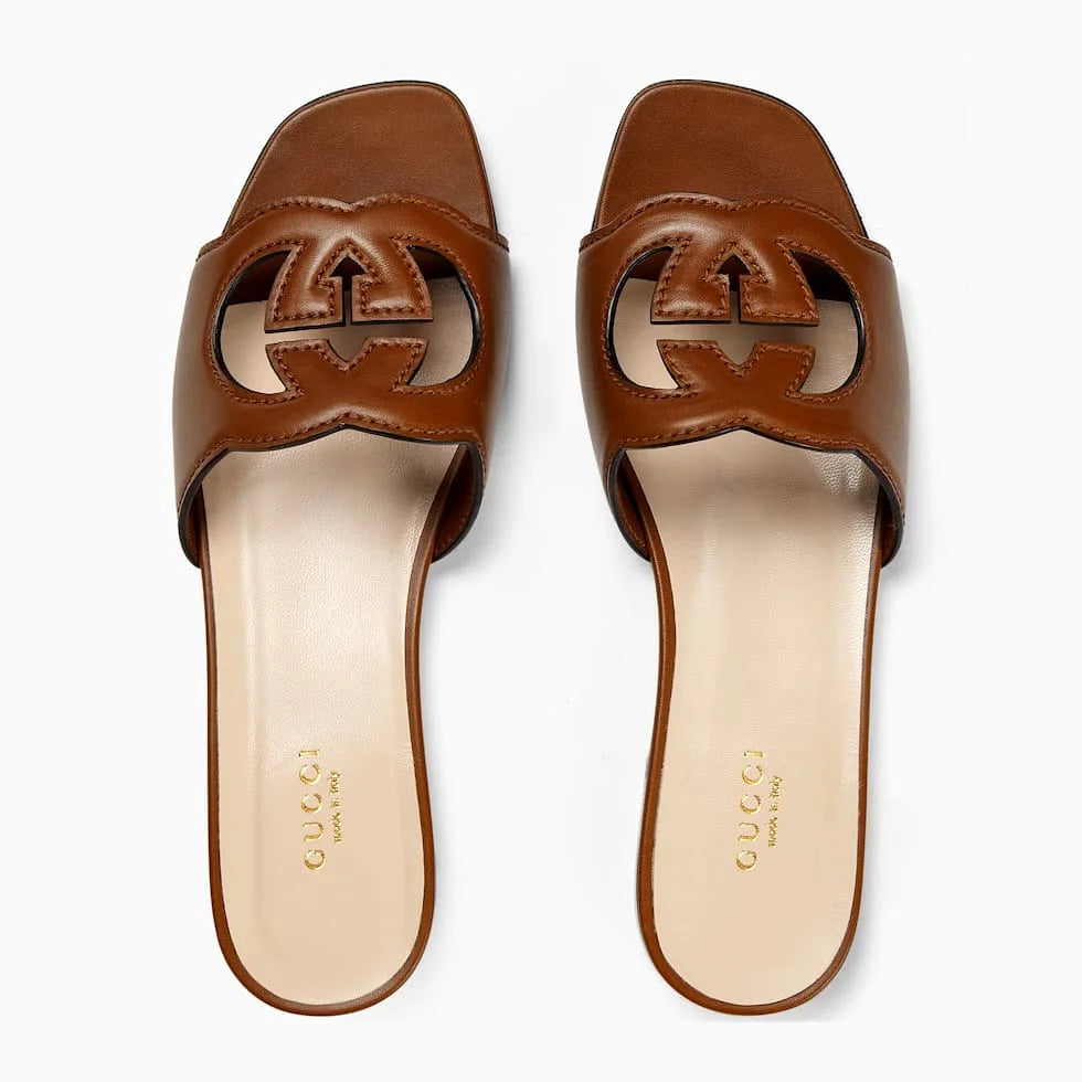WOMEN's INTERLOCKING G CUT-OUT SLIDE SANDAL - BROWN