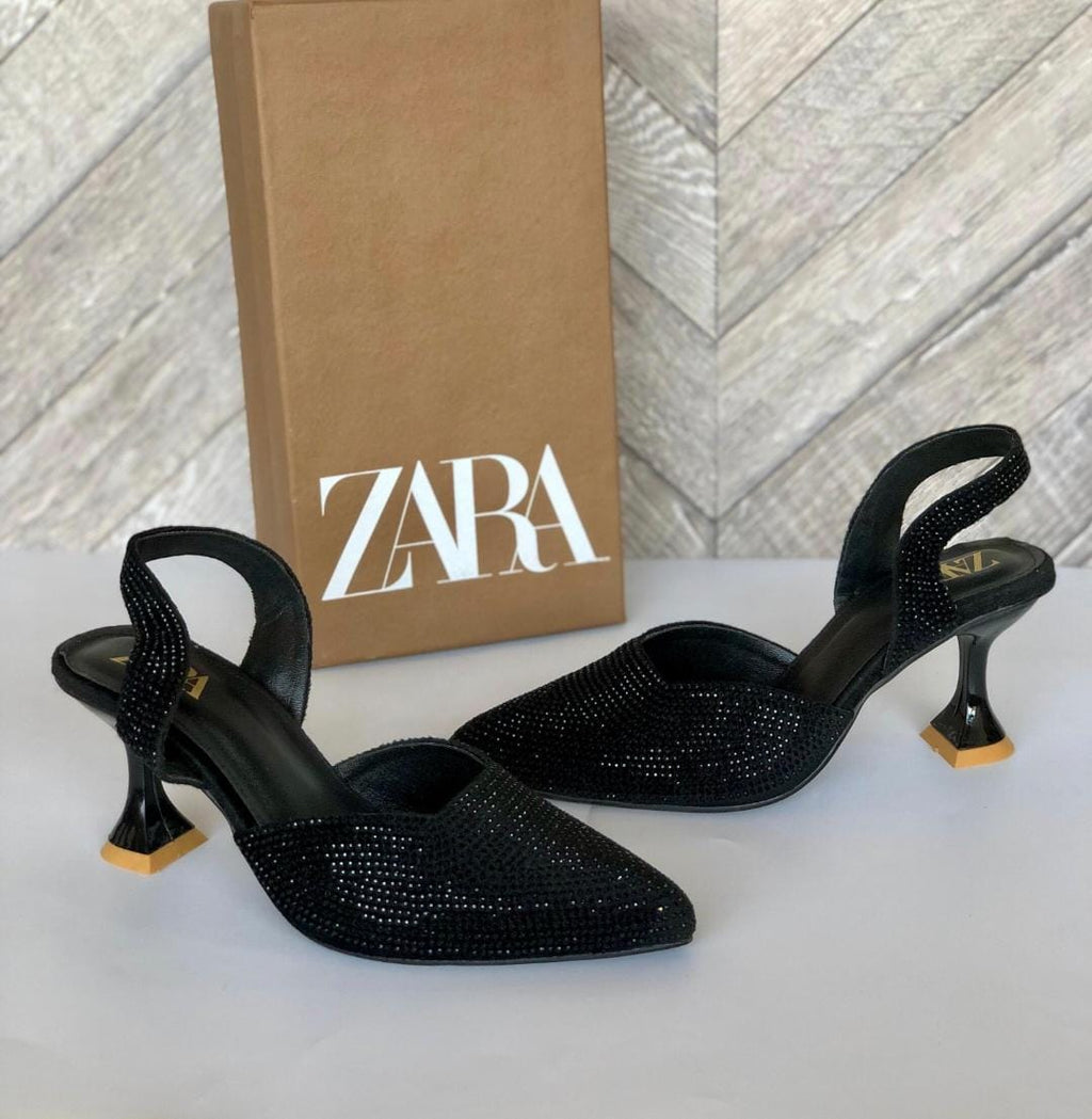 ZARA STONE EMBELLISHED KITTEN HEELS - BLACK