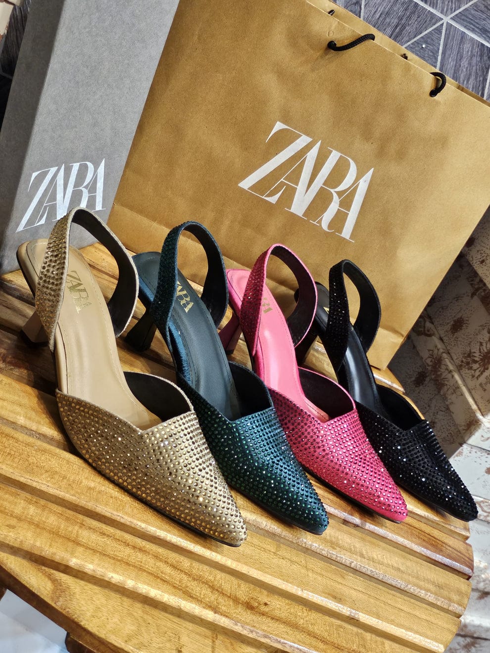 ZARA STONE EMBELLISHED KITTEN HEELS - BLACK