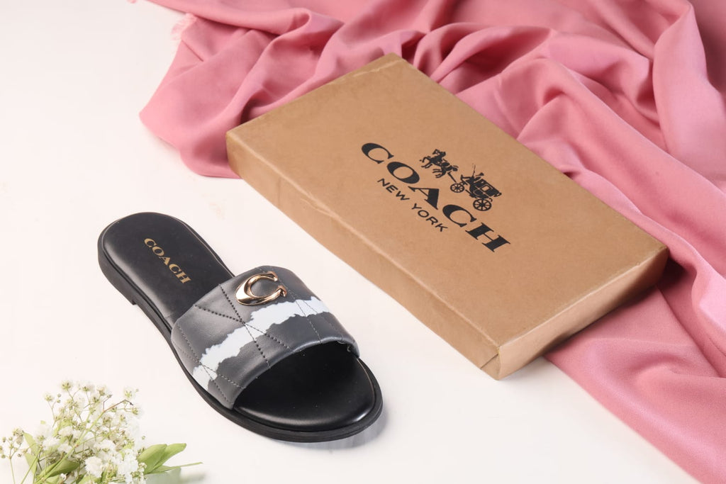 COACH METAL LOGO FLAT SLIDES - BLACK WHITE