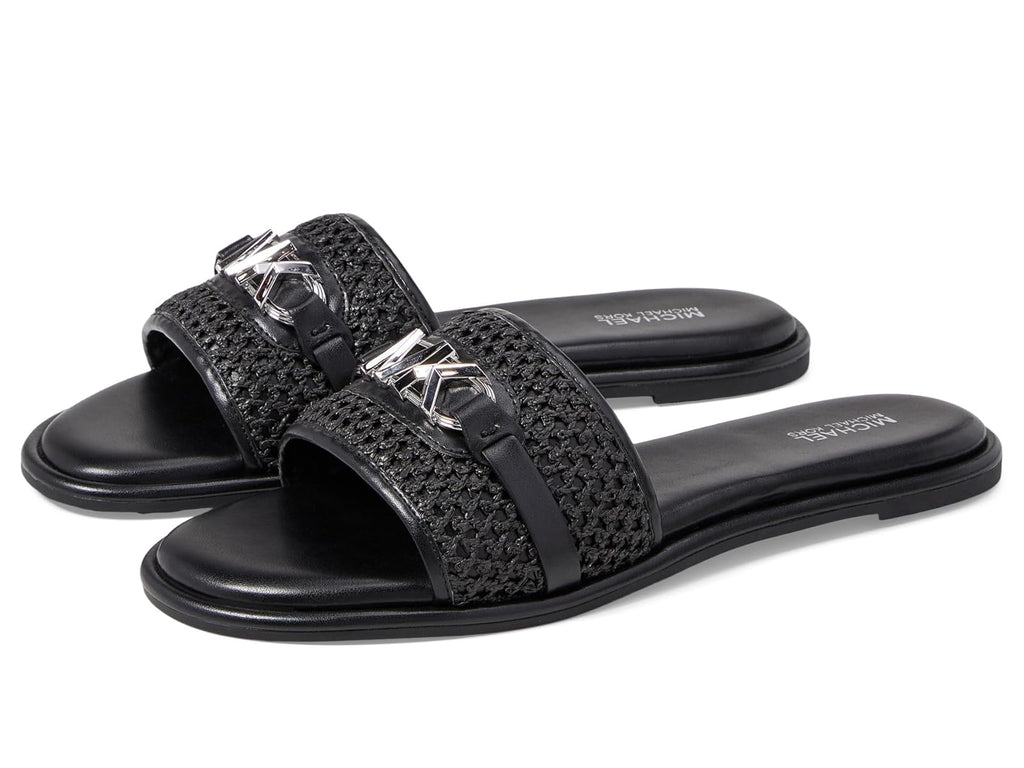 MICHAEL KORS EMBER EMBELLISHED STRAW SLIDE SLIPPERS - BLACK