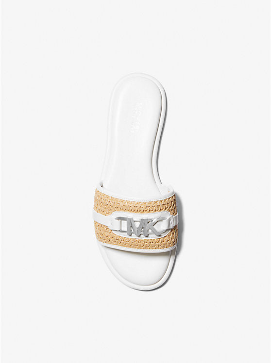 MICHAEL KORS EMBER EMBELLISHED STRAW SLIDE SLIPPERS - WHITE
