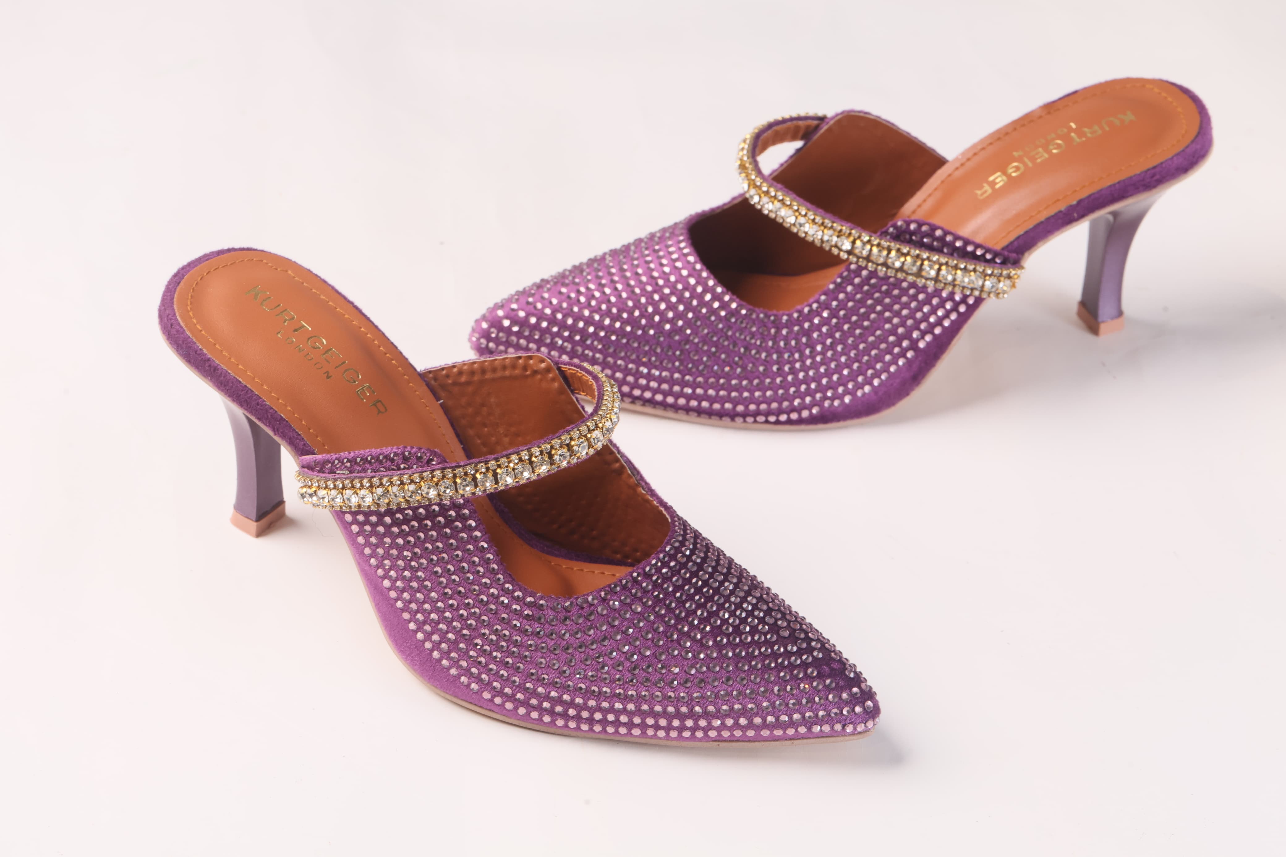 KURT GEIGER LONDON DUKE CRYSTAL EMBELLISHED CANVAS HEELED SANDALS - PURPLE