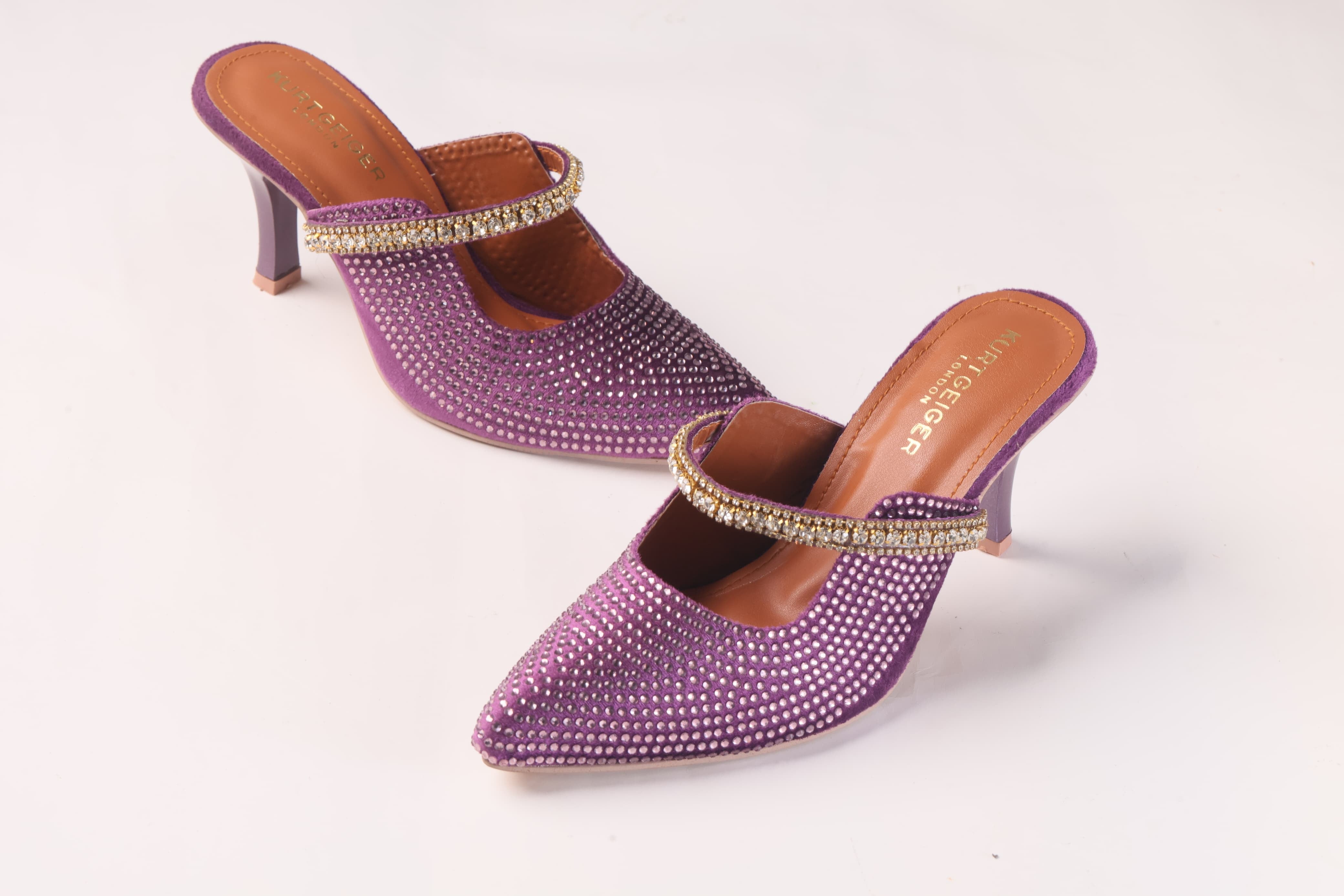 KURT GEIGER LONDON DUKE CRYSTAL EMBELLISHED CANVAS HEELED SANDALS - PURPLE