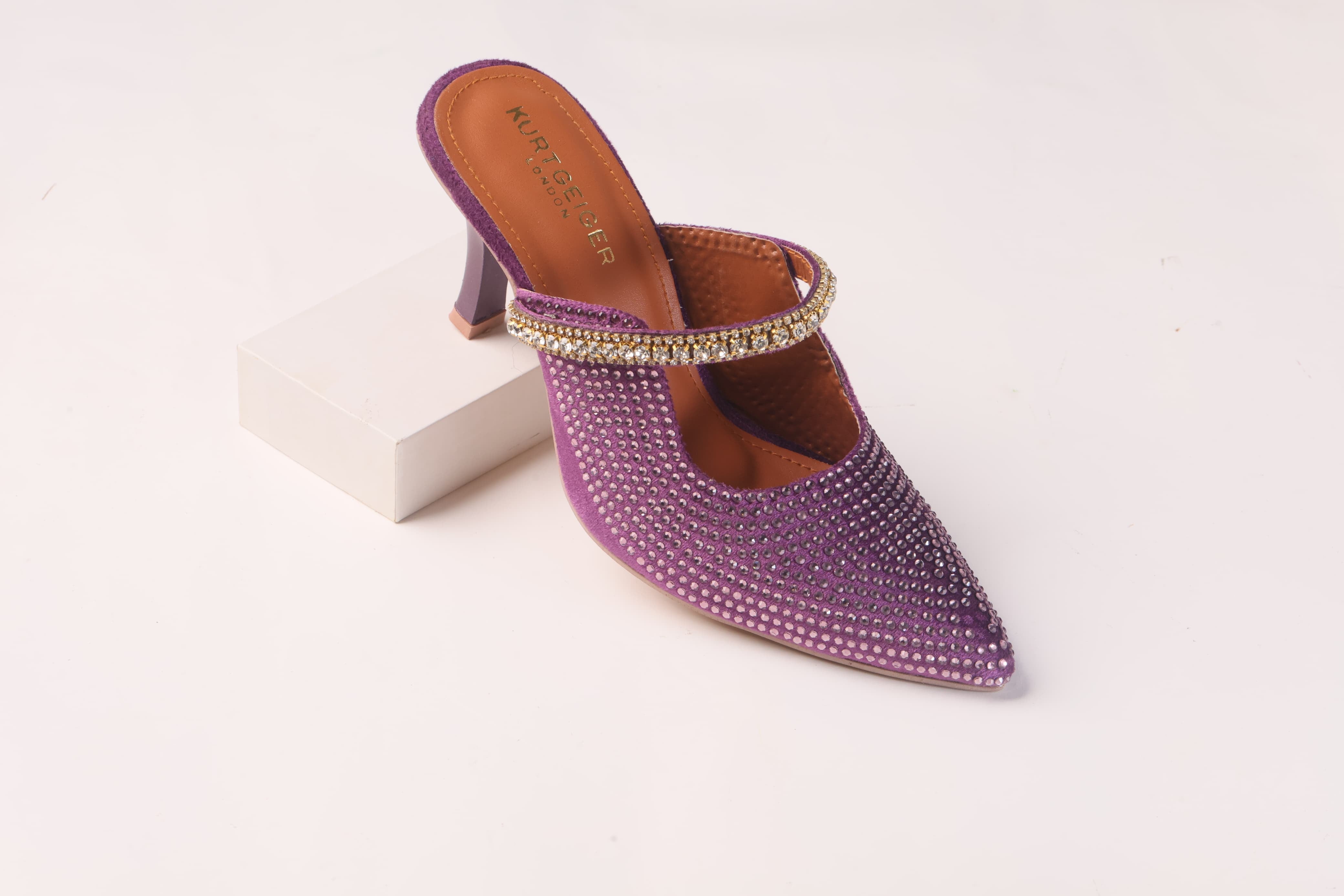 KURT GEIGER LONDON DUKE CRYSTAL EMBELLISHED CANVAS HEELED SANDALS - PURPLE