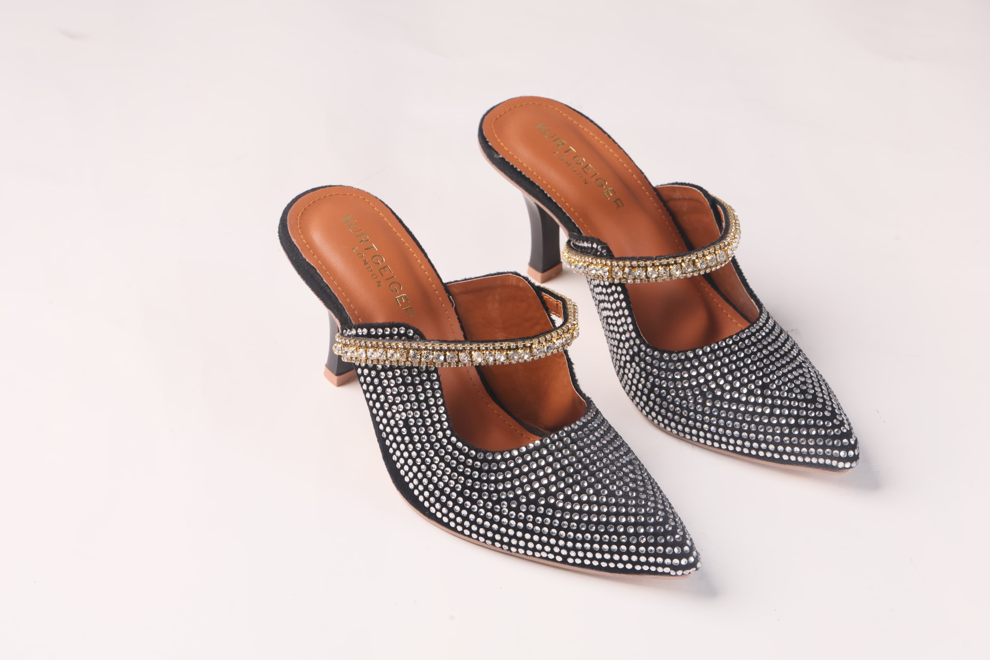 KURT GEIGER LONDON DUKE CRYSTAL EMBELLISHED CANVAS HEELED SANDALS - BLACK