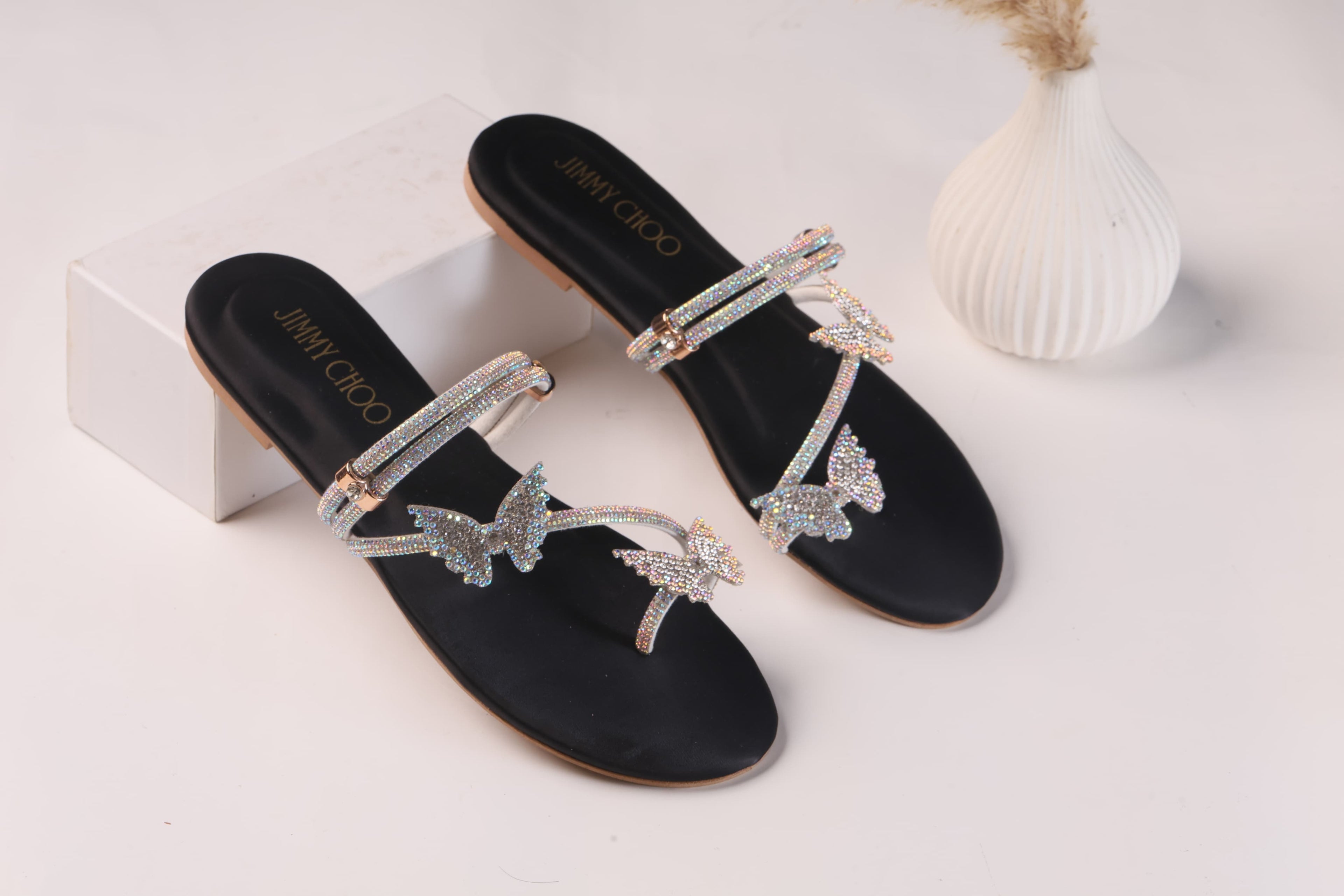 JIMMY CHOO MASH STRAP BUTTERFLY SLIPPERS - BLACK