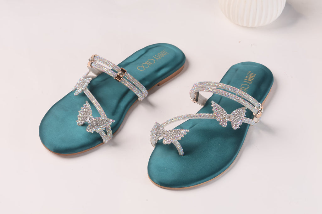 JIMMY CHOO MASH STRAP BUTTERFLY SLIPPERS - GREEN