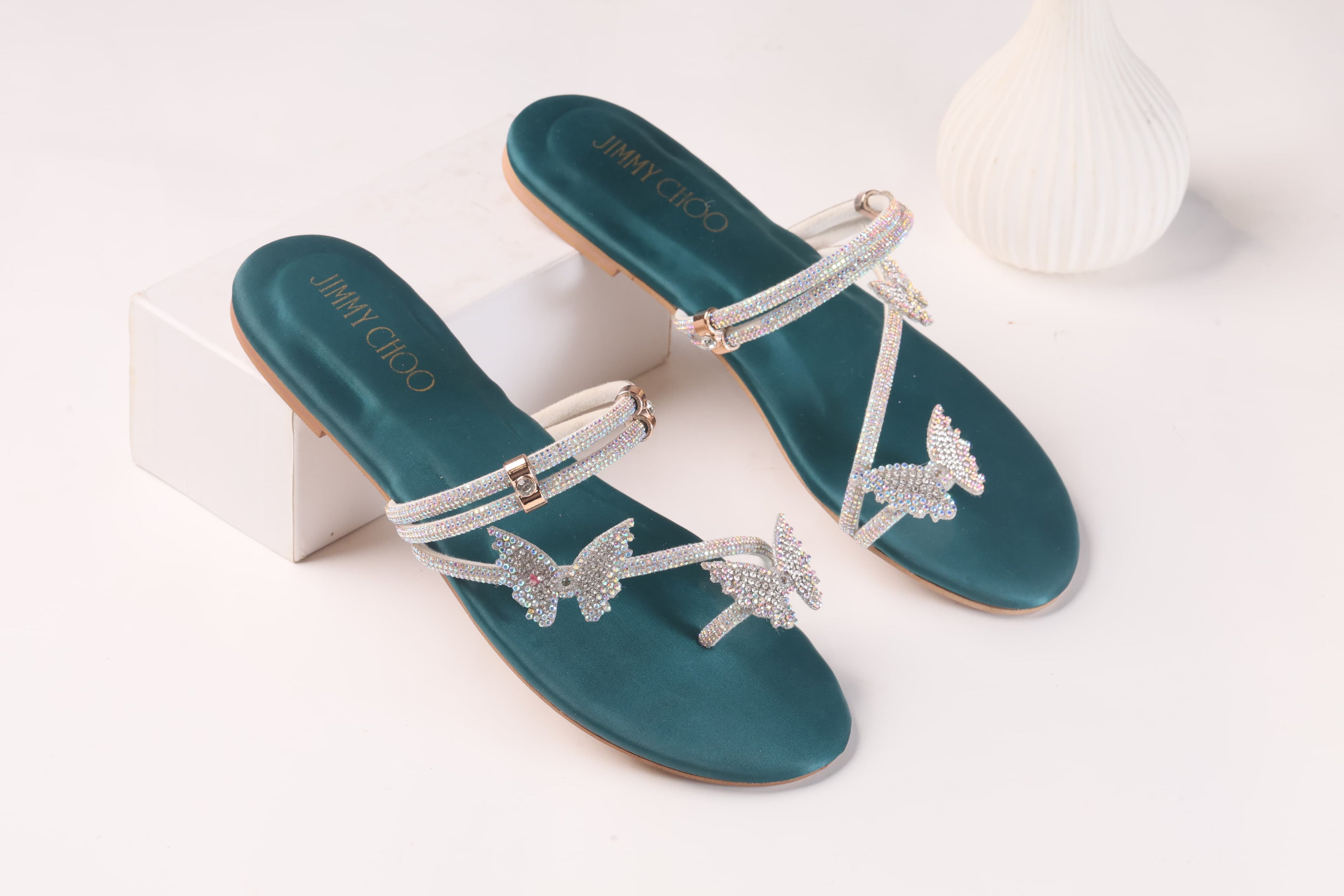 JIMMY CHOO MASH STRAP BUTTERFLY SLIPPERS - GREEN