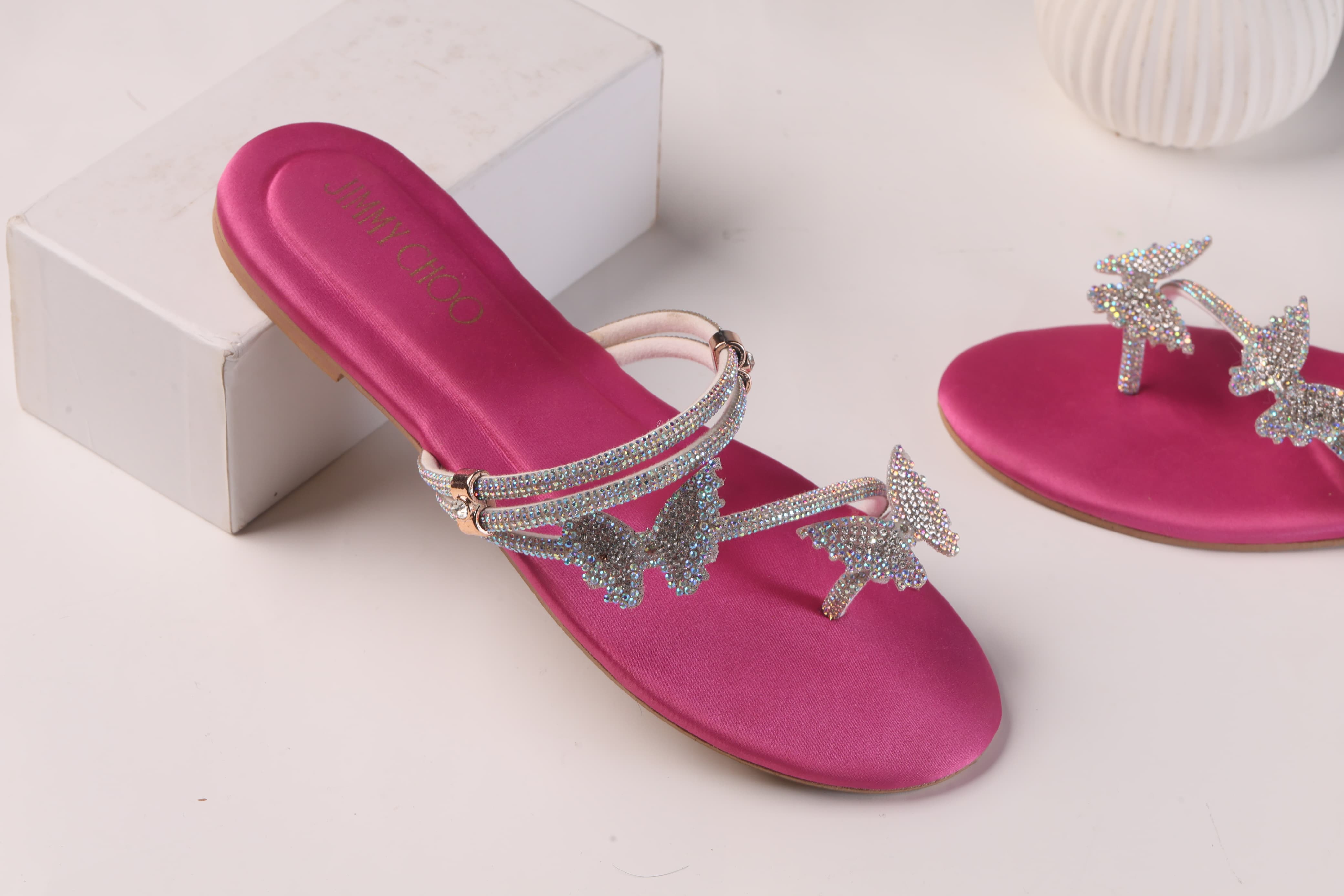 JIMMY CHOO MASH STRAP BUTTERFLY SLIPPERS - PINK