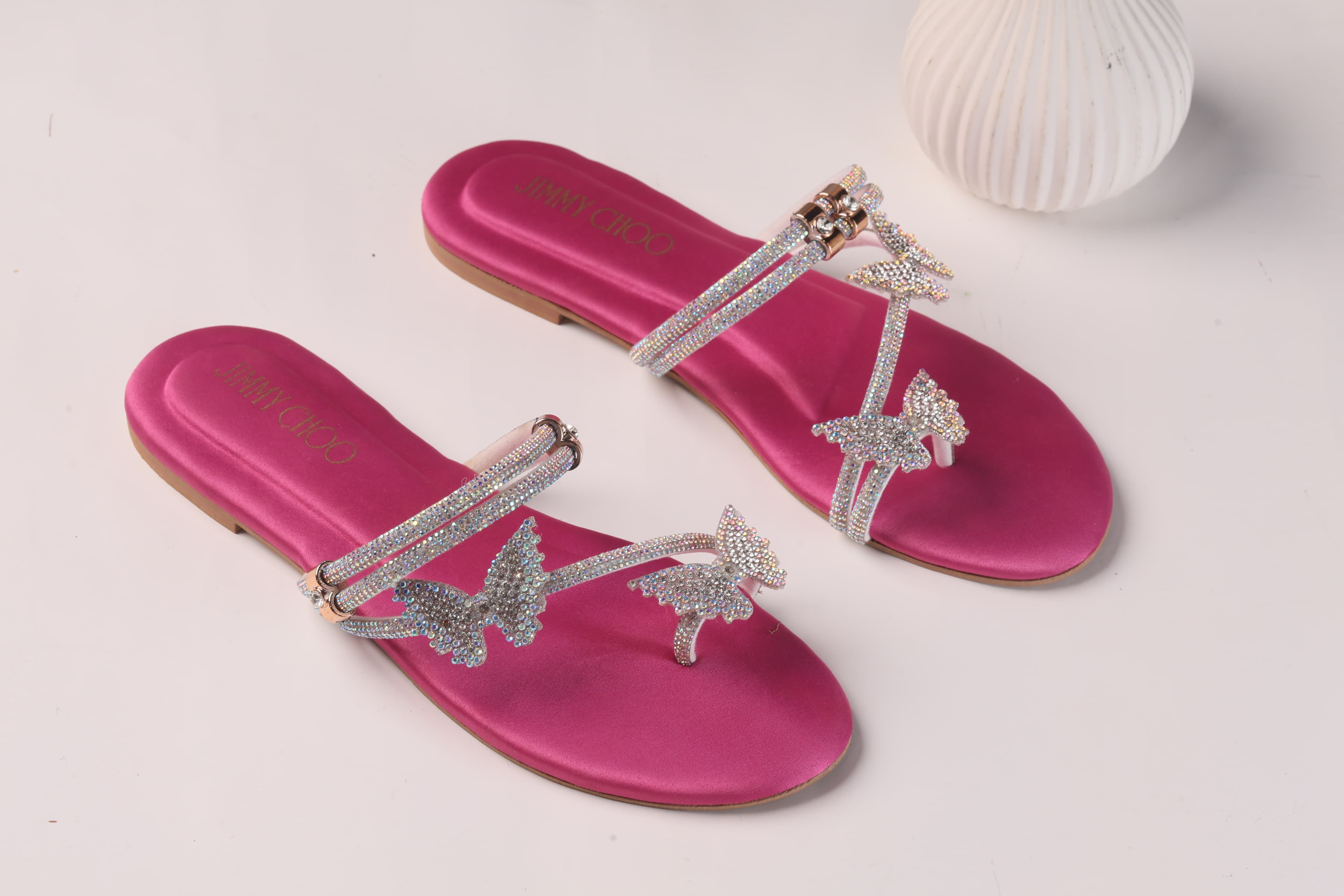 JIMMY CHOO MASH STRAP BUTTERFLY SLIPPERS - PINK