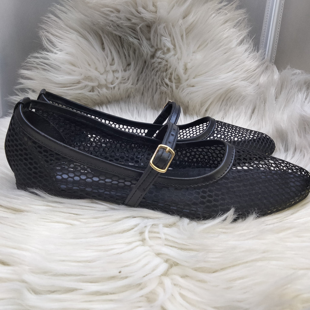 ZARA FISHNET BALLET FLAT PUMPS - BLACK