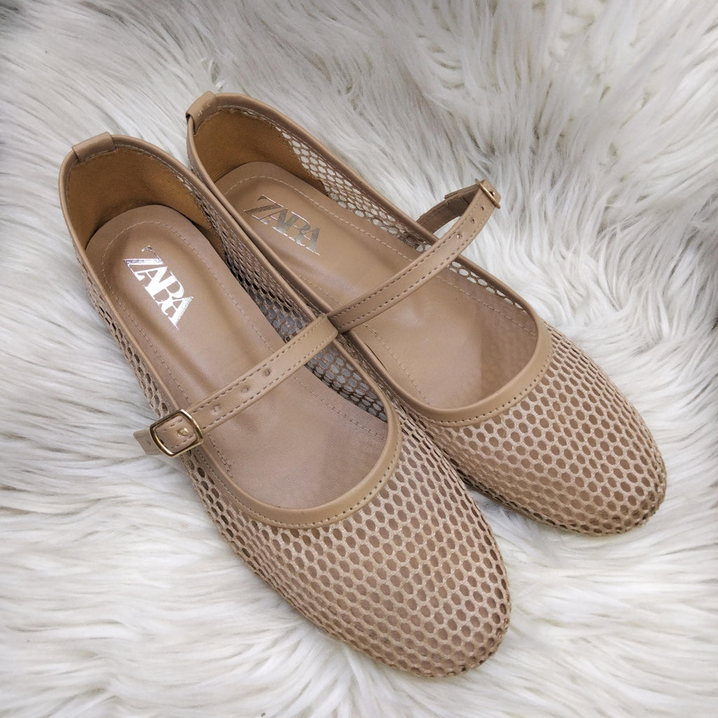 ZARA FISHNET BALLET FLAT PUMPS - BEIGE