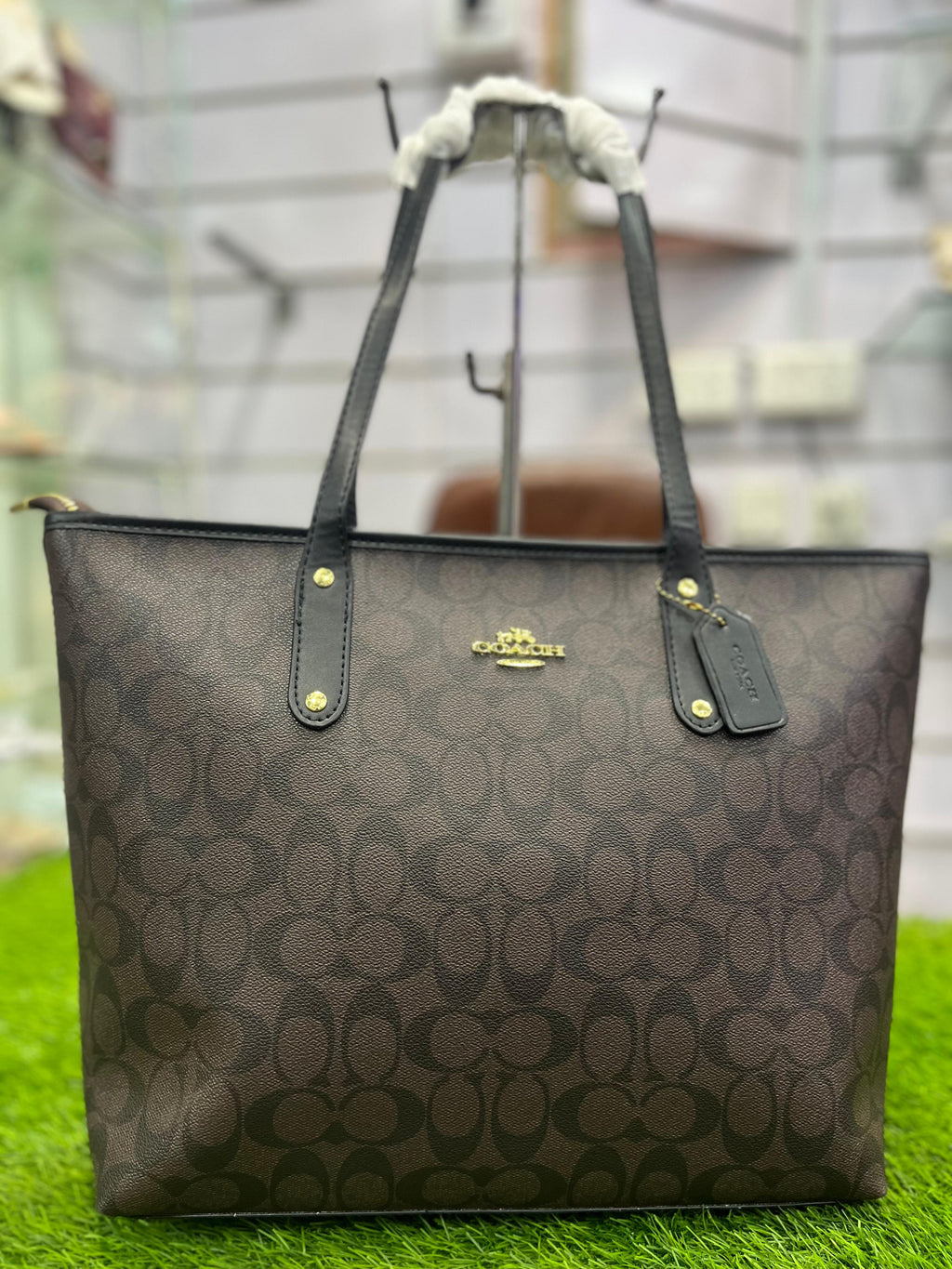 COACH PREMIUM ZIP TOTE BAG SIGNATURE CANVAS - COFFEE
