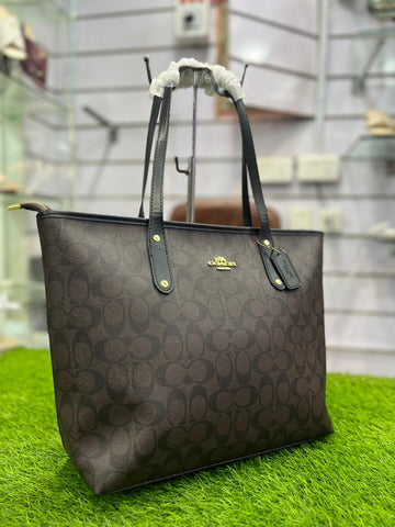 COACH PREMIUM ZIP TOTE BAG SIGNATURE CANVAS - COFFEE