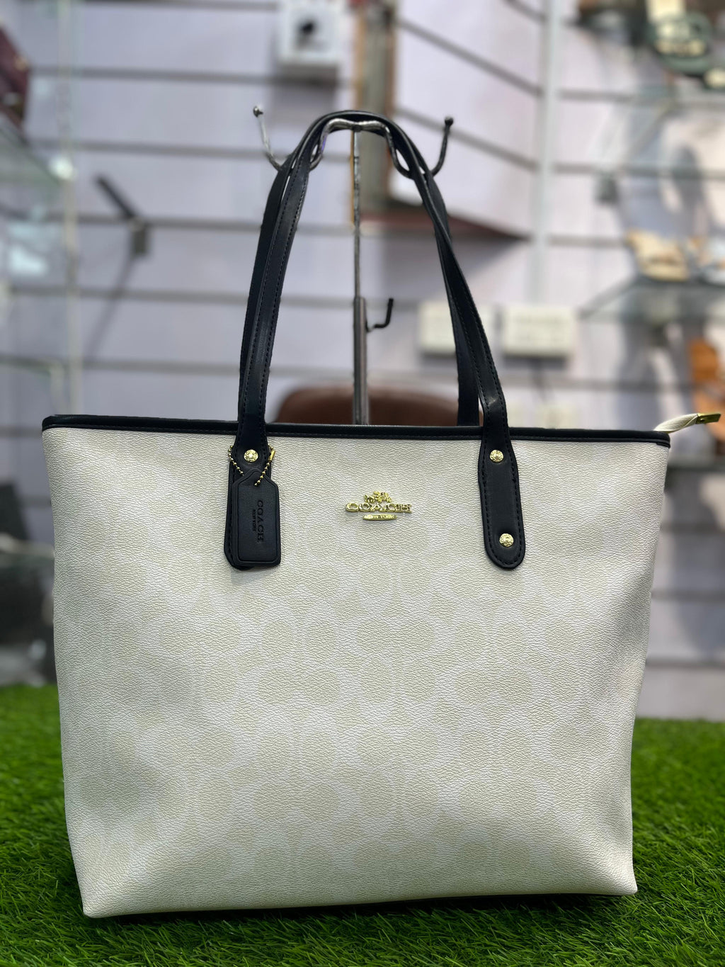 COACH PREMIUM ZIP TOTE BAG SIGNATURE CANVAS - WHITE