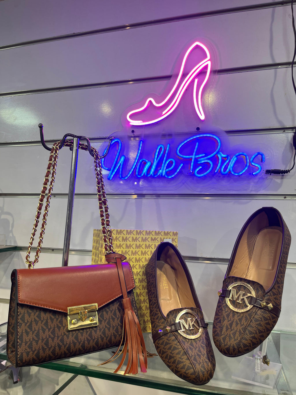 COMBO DEAL OF MK MICHAEL KORS ROSE MEDIUM  LOGO SHOULDER BAG AND FLAT PUMPS - BROWN