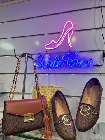 COMBO DEAL OF MK MICHAEL KORS ROSE MEDIUM  LOGO SHOULDER BAG AND FLAT PUMPS - BROWN