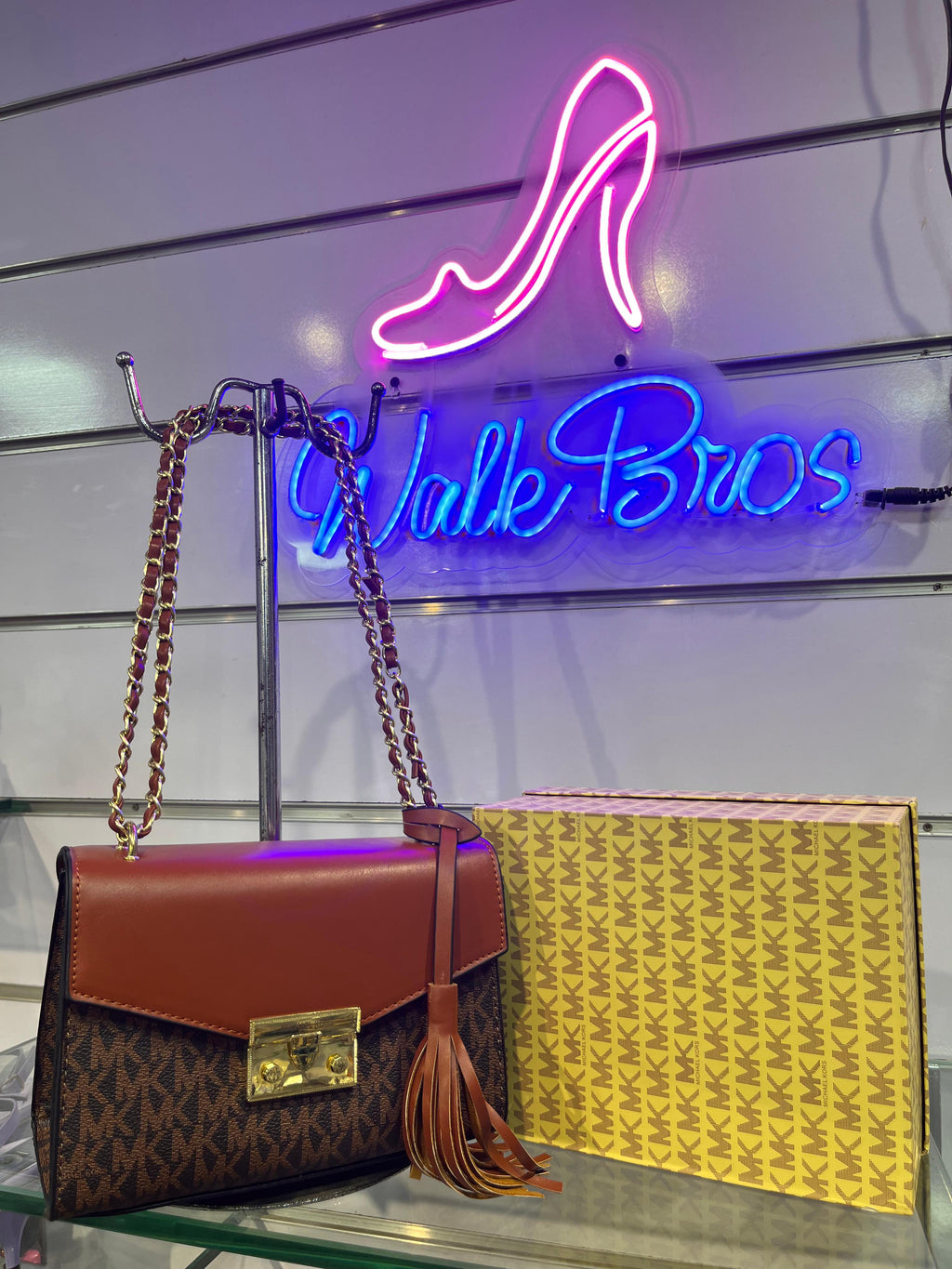 COMBO DEAL OF MK MICHAEL KORS ROSE MEDIUM  LOGO SHOULDER BAG AND FLAT PUMPS - BROWN