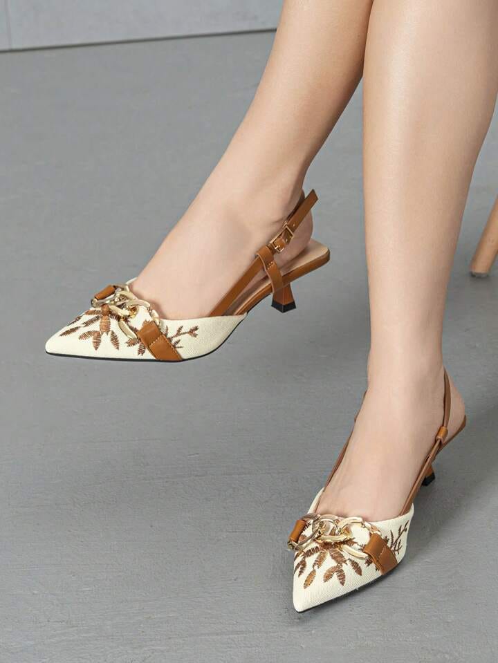 Mustard Floral Embroidered Chain Slingback