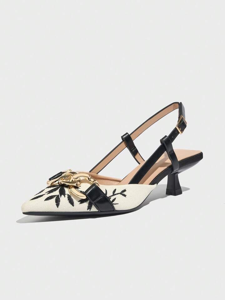 Floral Embroidered Chain Slingback (Black)