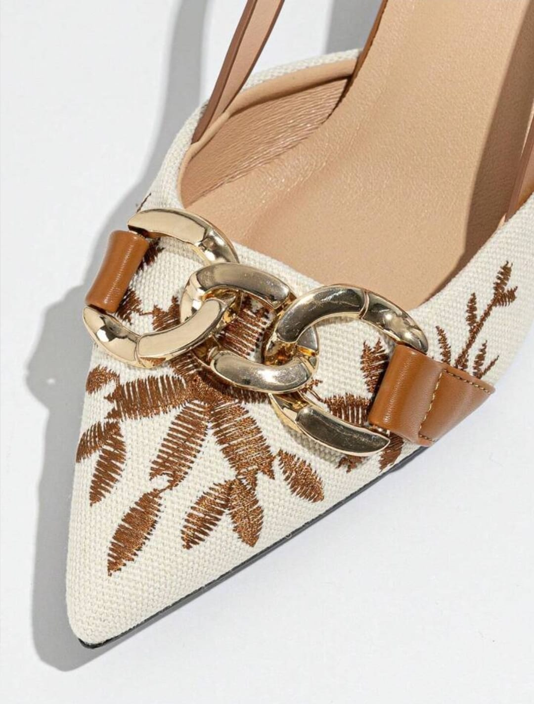 Mustard Floral Embroidered Chain Slingback