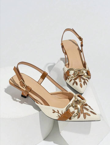 Mustard Floral Embroidered Chain Slingback