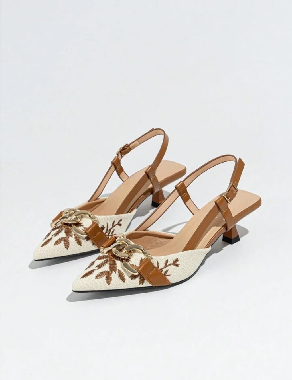 Mustard Floral Embroidered Chain Slingback