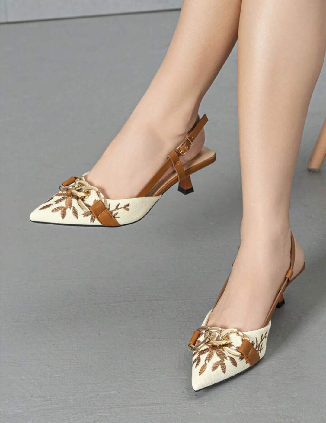 Mustard Floral Embroidered Chain Slingback