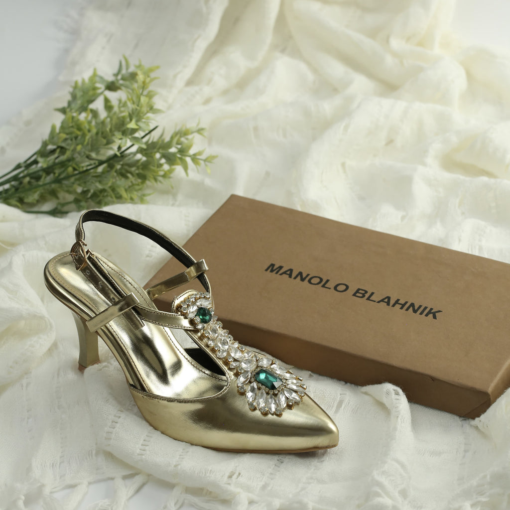 WALK BROS Diamond Slingback Heels - Golden