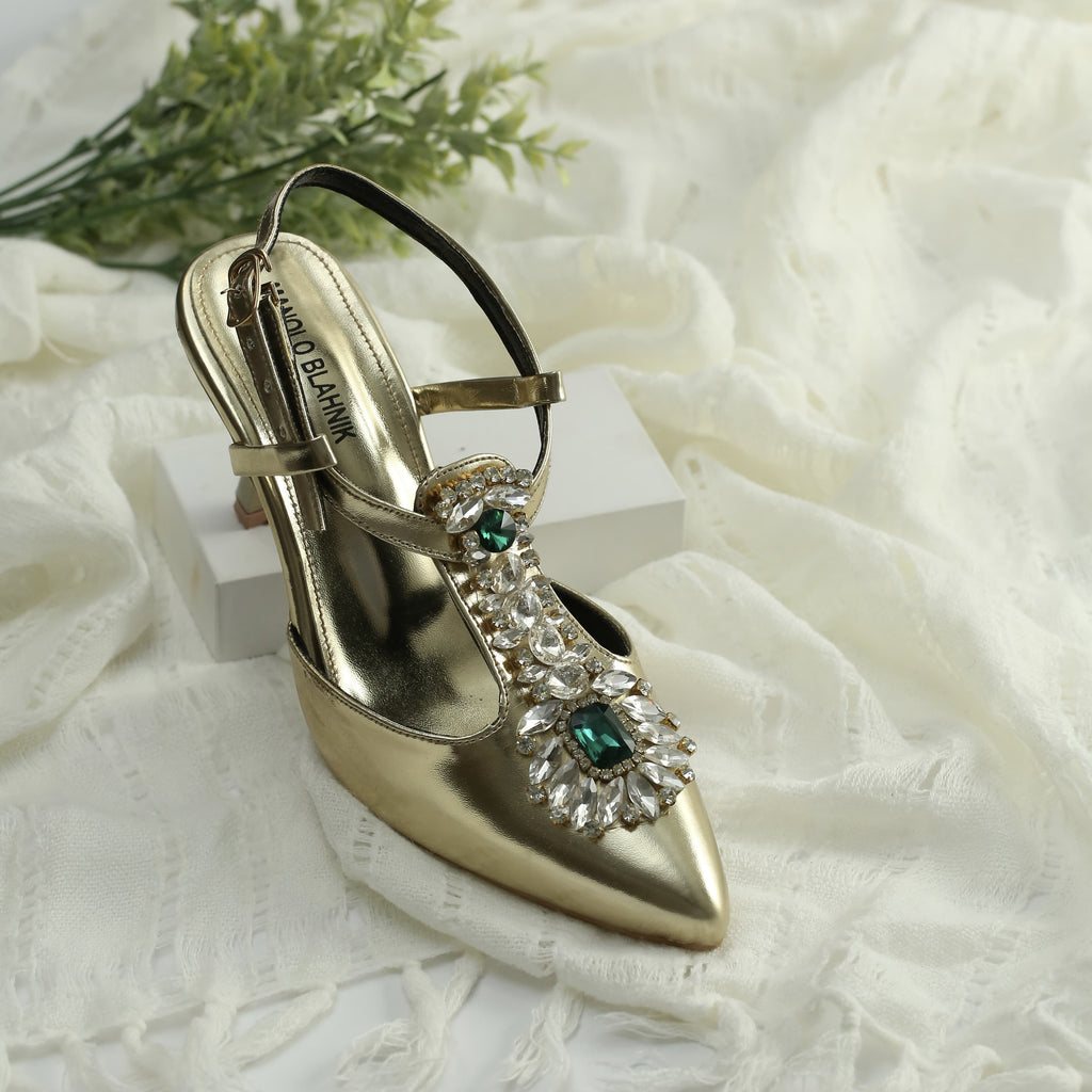 WALK BROS Diamond Slingback Heels - Golden