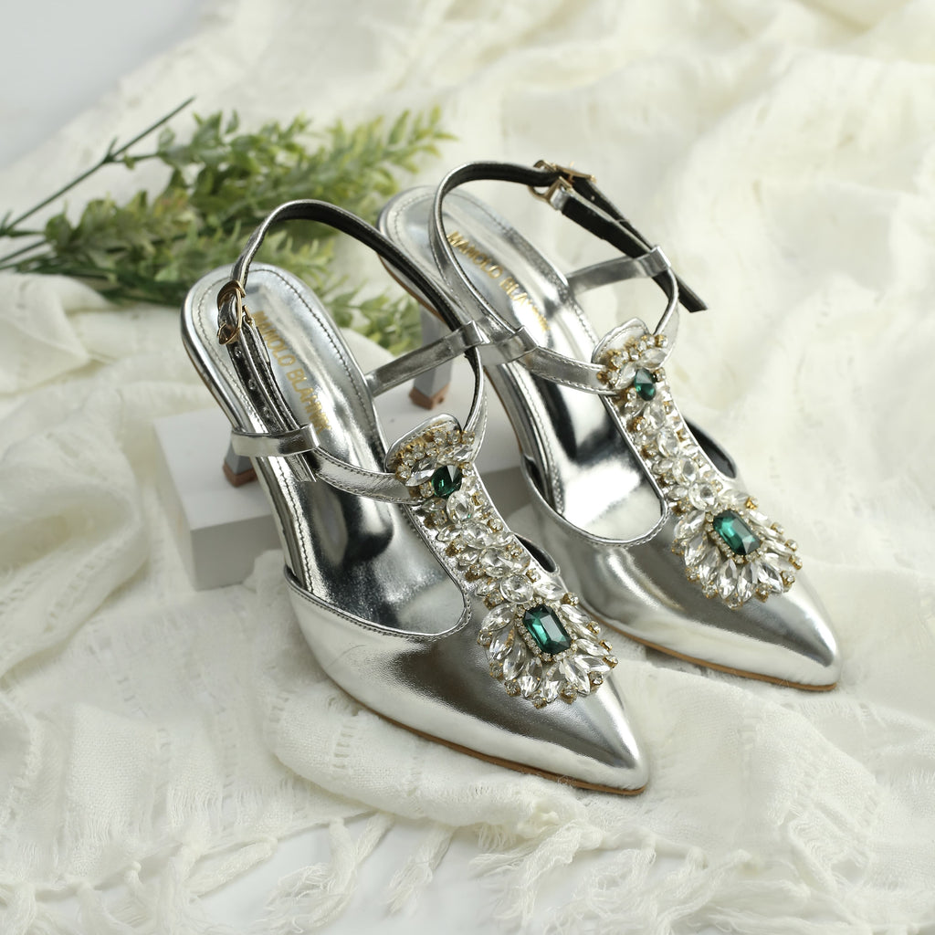 WALK BROS Diamond Slingback Heels - Silver
