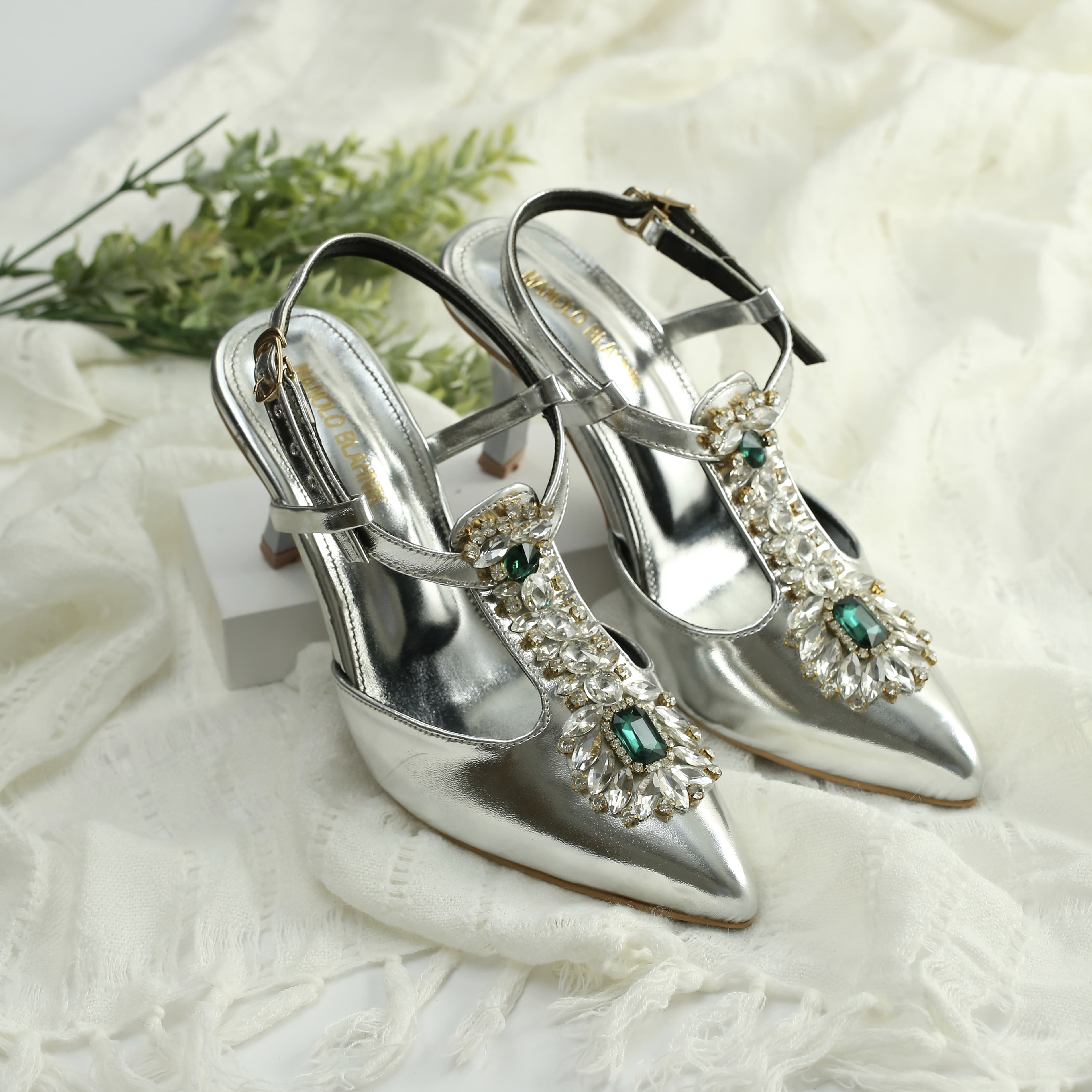 WALK BROS Diamond Slingback Heels - Silver