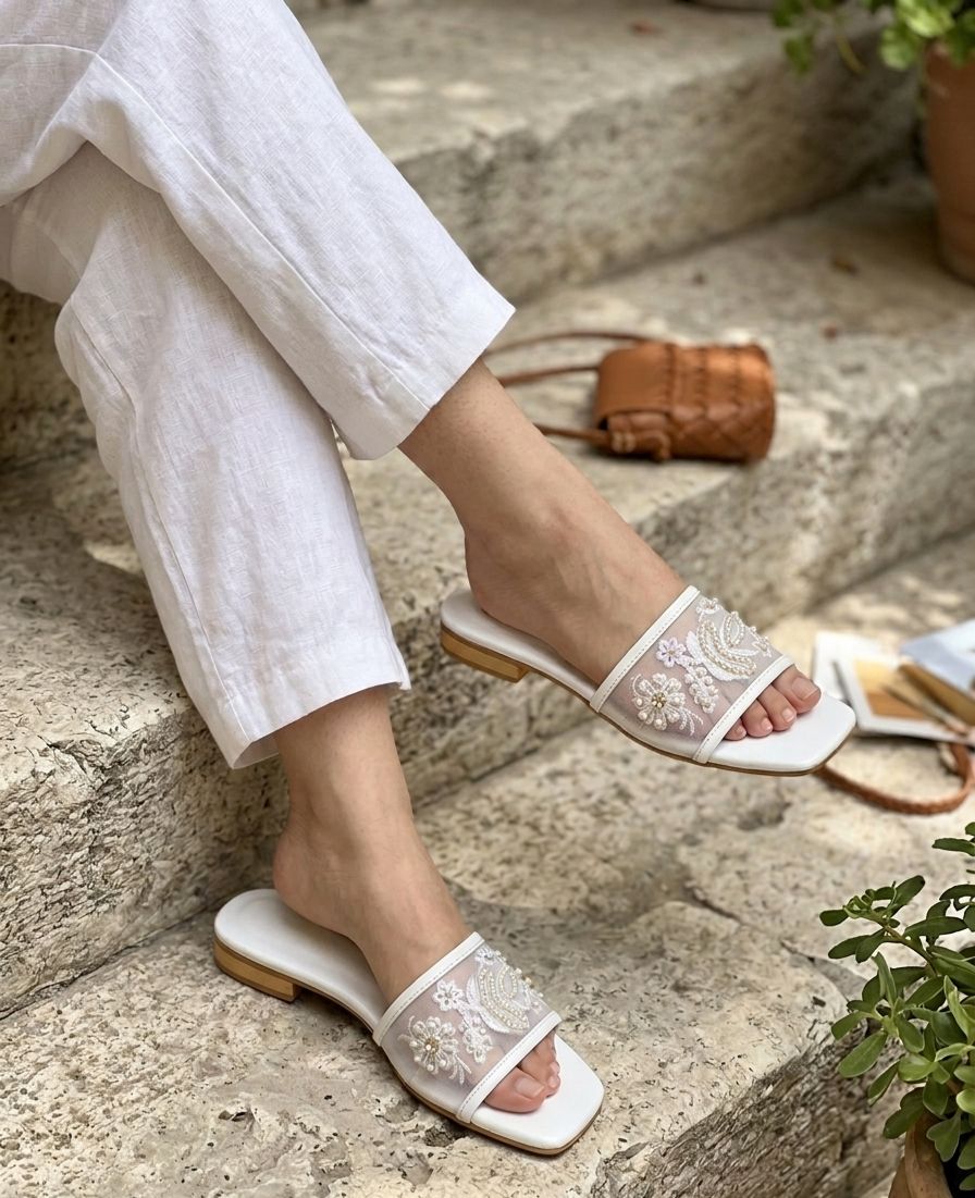 MOST VIRAL EMBROIDERY FLATS =  WHITE