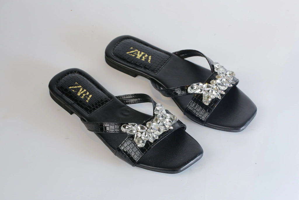 ZARA CRYSTAL FLAT SANDALS - BLACK