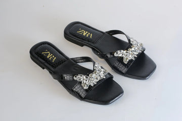 ZARA CRYSTAL FLAT SANDALS - BLACK