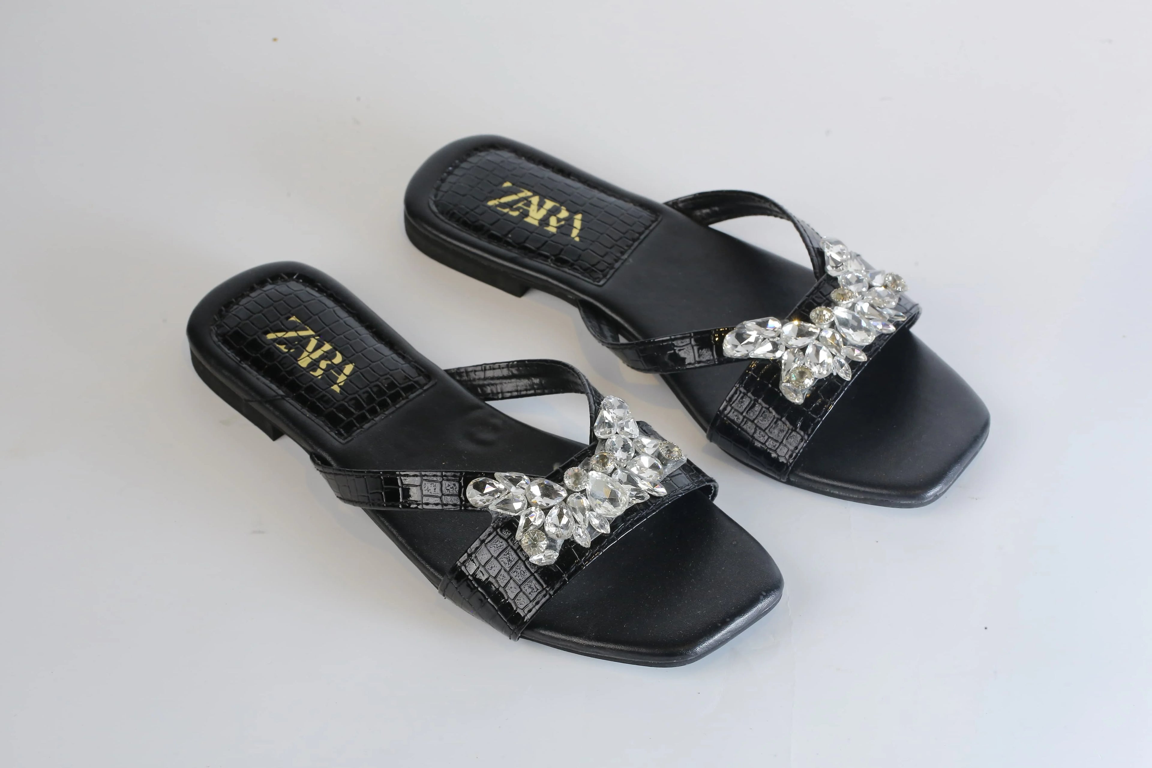 ZARA CRYSTAL FLAT SANDALS - BLACK
